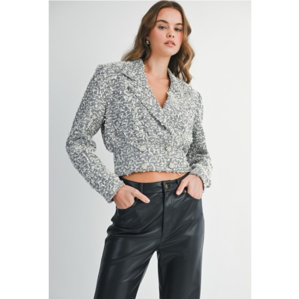 1074 • Black/White Confetti Tweed Crop Blazer Jacket w/Pearl Rhinestone Buttons - Picture 3 of 11